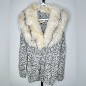 Michael Kors Cashmere Plunge Neckline Cardigan w Removable Real Fox Fur Collar